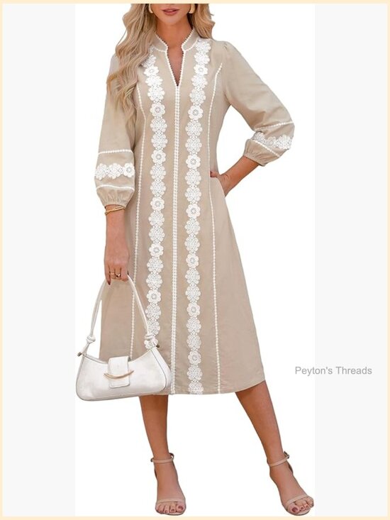 Dresses & Skirts - Embroidered Lace Floral Tunic Dress 3/4 Puff Sleeve V Neck Midi